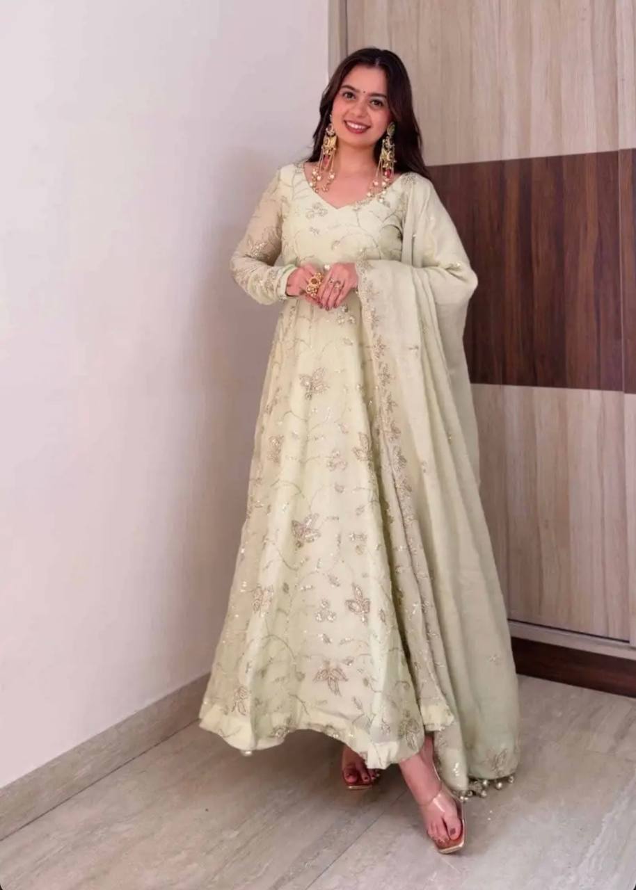 Premium Fendy Silk Sequence Embroidered Anarkali Suit Set