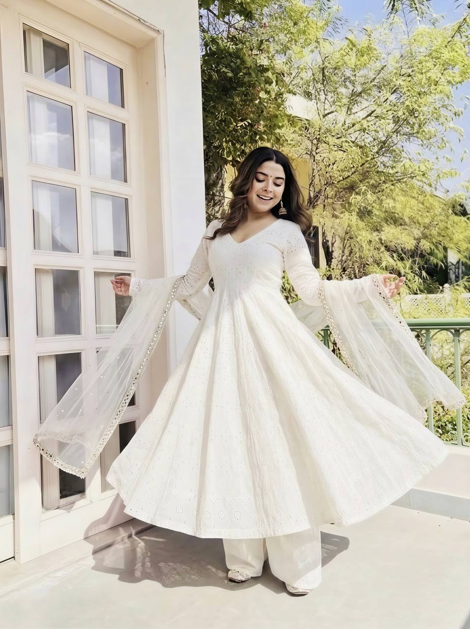 Premium Pure Cotton Schiffli Work Anarkali Suit Set