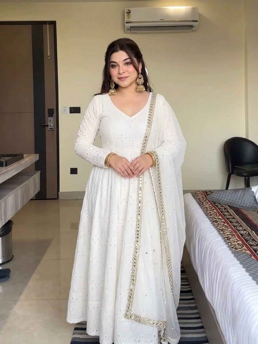 Premium Pure Cotton Schiffli Work Anarkali Suit Set