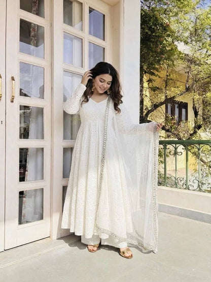 Premium Pure Cotton Schiffli Work Anarkali Suit Set