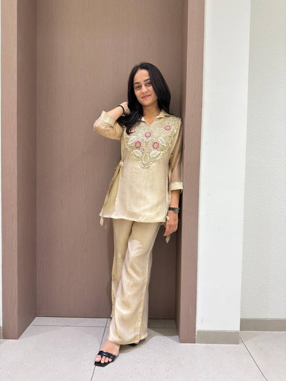 Premium Salsa Silk 3-Piece Top, Palazzo & Embroidered Shrug Set