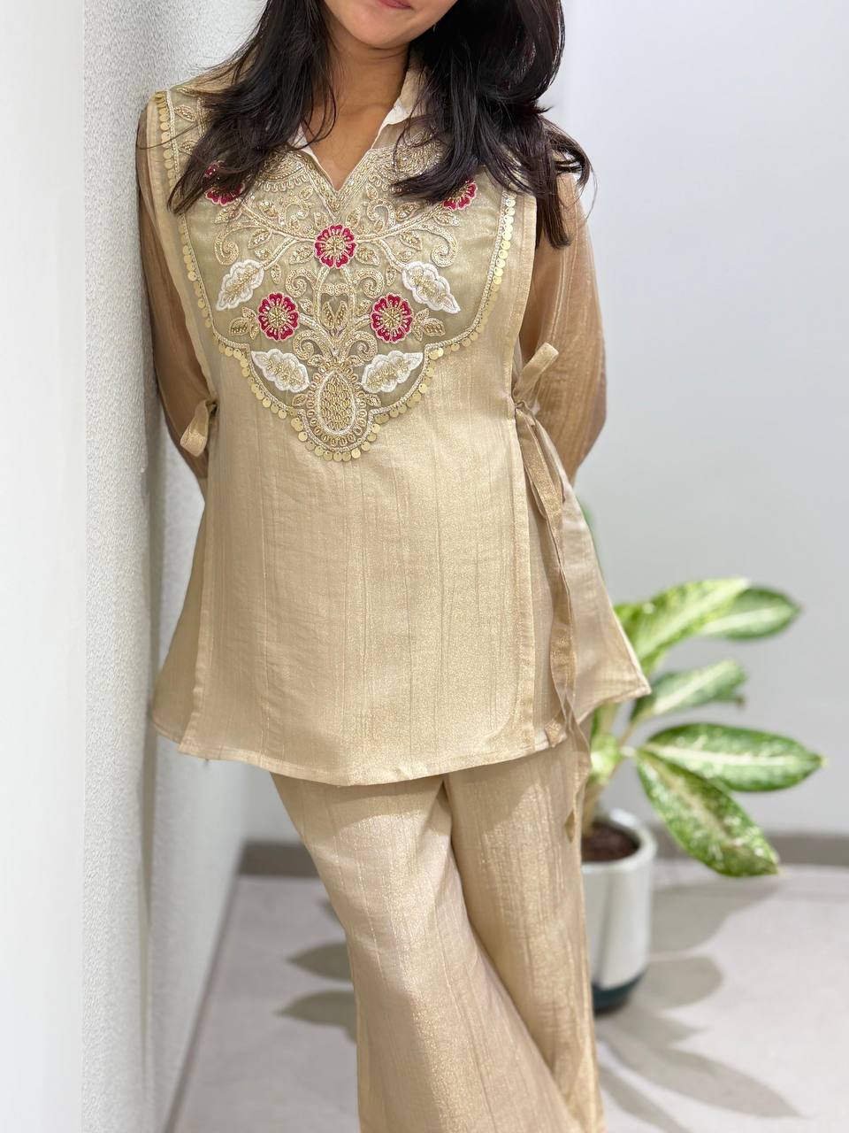 Premium Salsa Silk 3-Piece Top, Palazzo & Embroidered Shrug Set