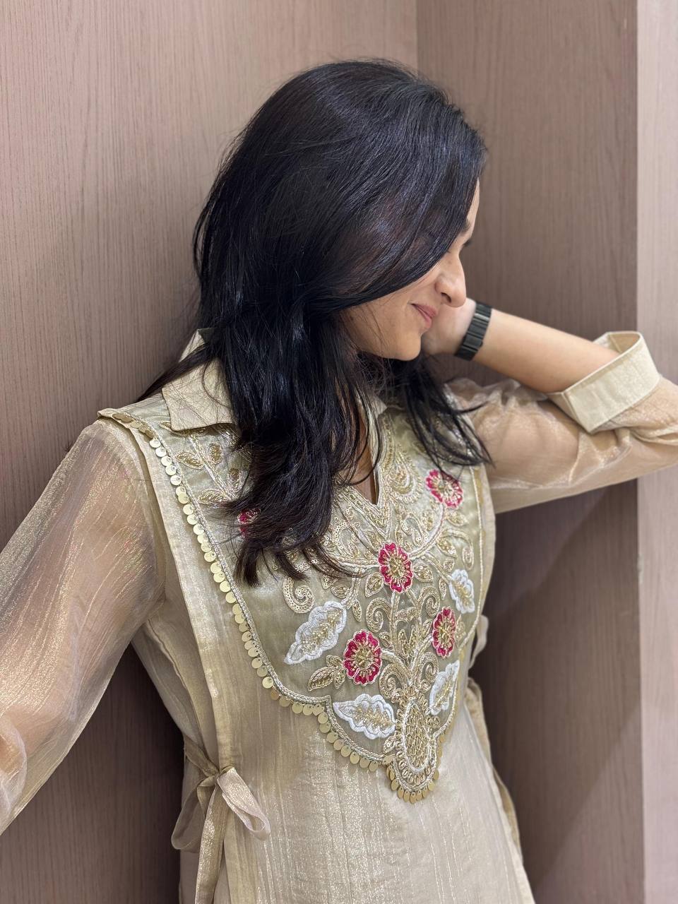 Premium Salsa Silk 3-Piece Top, Palazzo & Embroidered Shrug Set
