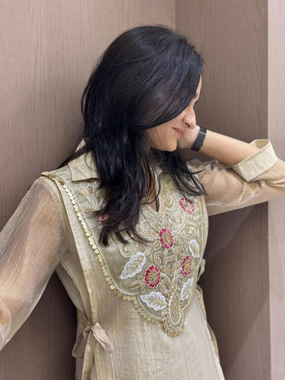 Premium Salsa Silk 3-Piece Top, Palazzo & Embroidered Shrug Set