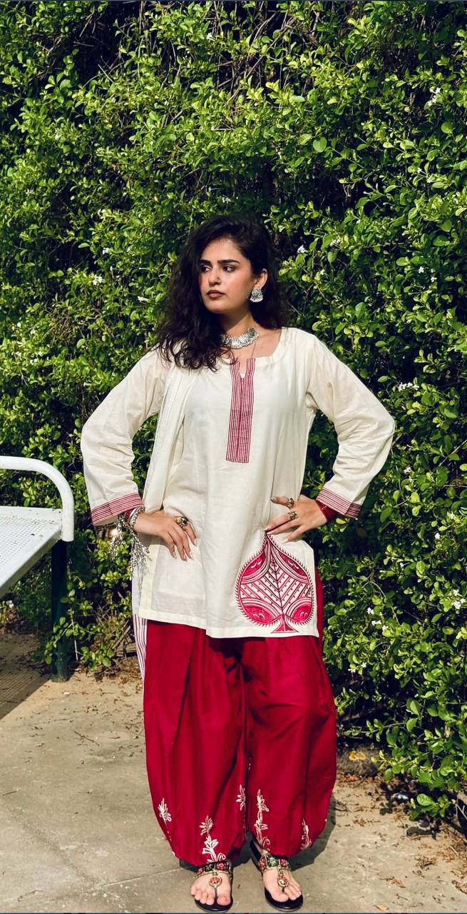 Premium Mal Chanderi Cotton Kurti with Embroidered Balloon Pant Set