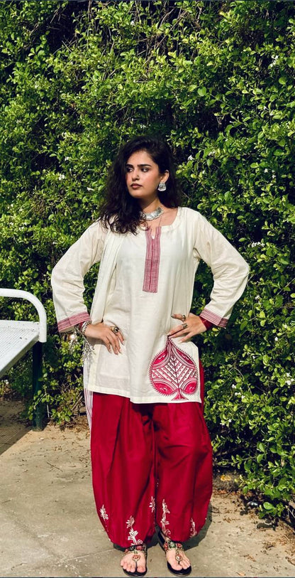 Premium Mal Chanderi Cotton Kurti with Embroidered Balloon Pant Set