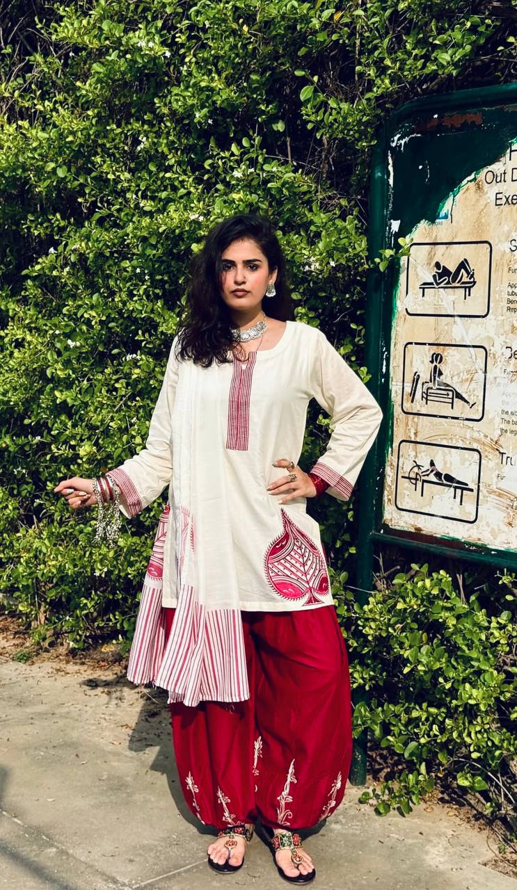 Premium Mal Chanderi Cotton Kurti with Embroidered Balloon Pant Set