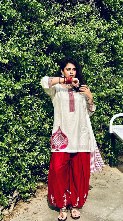Premium Mal Chanderi Cotton Kurti with Embroidered Balloon Pant Set