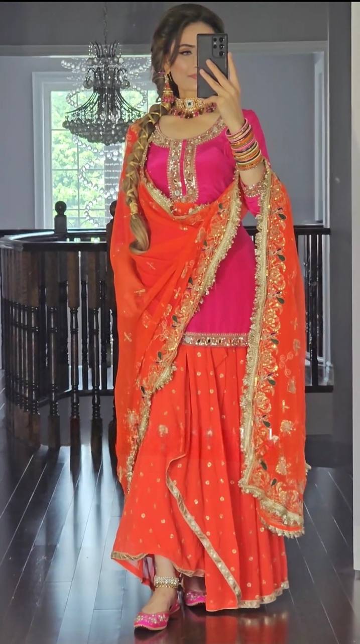 Elegant Malay Silk Paper Mirror Top with Georgette Dhoti & Sequence Dupatta