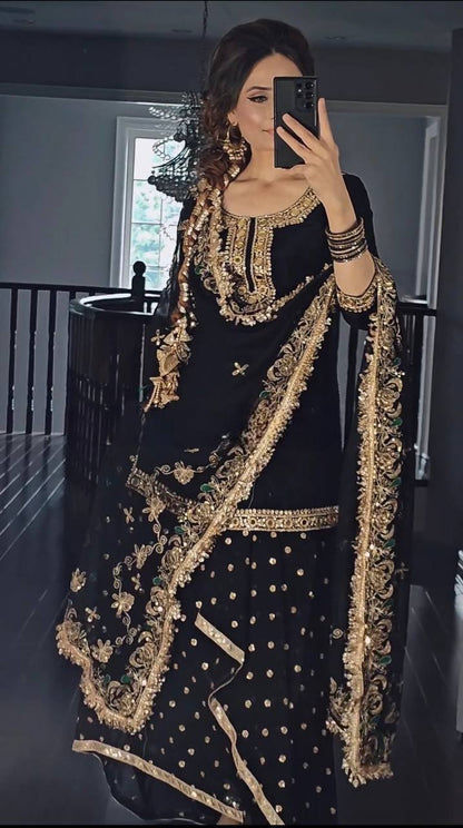 Elegant Malay Silk Paper Mirror Top with Georgette Dhoti & Sequence Dupatta