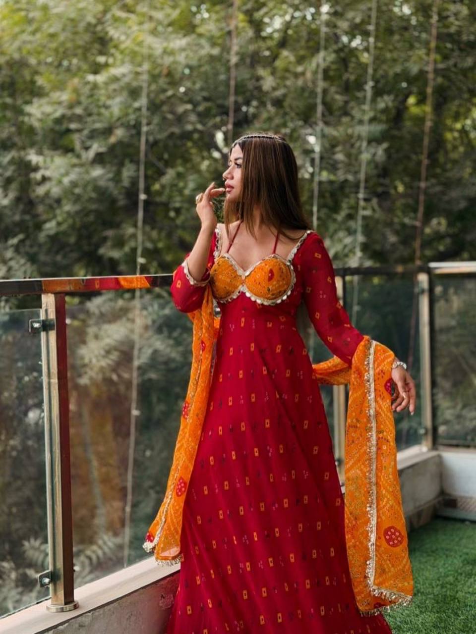 Premium Faux Georgette Digital Print & Real Mirror Work Anarkali Suit Set