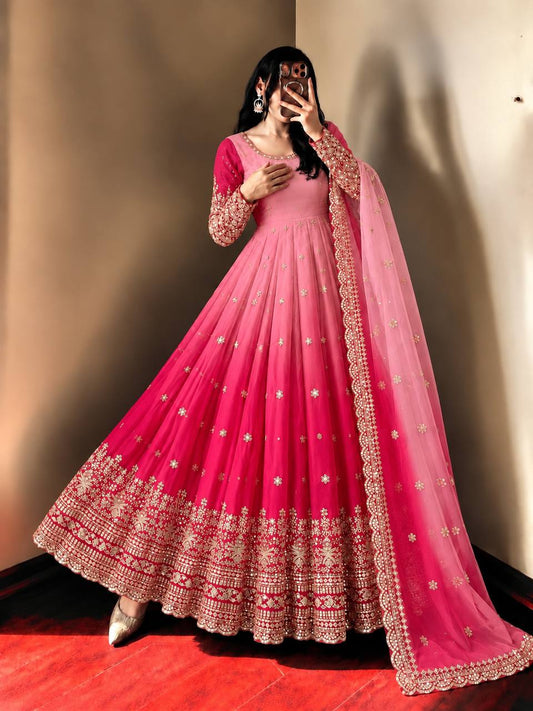 Elegant Olive Green / Rani Pink Georgette Flared Gown with Pant & Dupatta