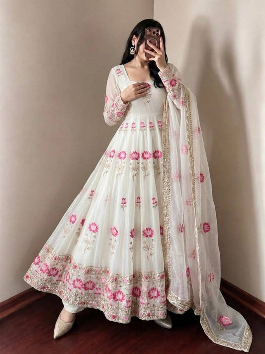 Fendy Silk Sequence Embroidery Long Anarkali Gown with Heavy Micro Cotton Inner | Fully Stitched Festive Outfit