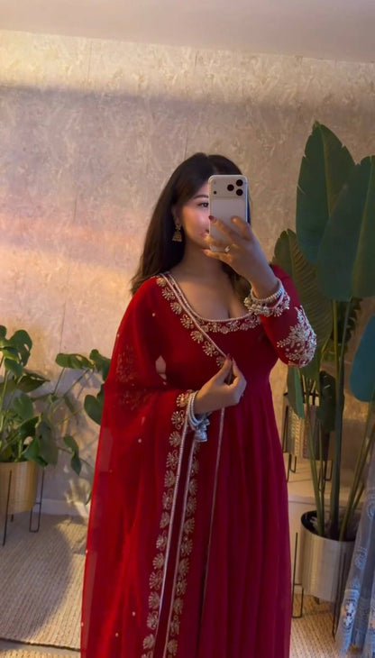 Royal Red Faux Georgette Moti & Sequence Embroidered Flared Gown Set