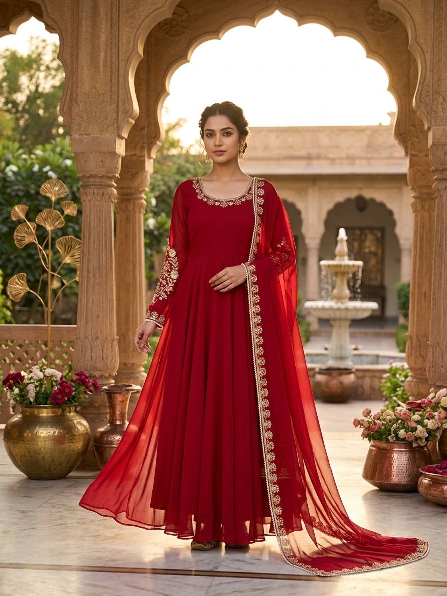 Royal Red Faux Georgette Moti & Sequence Embroidered Flared Gown Set