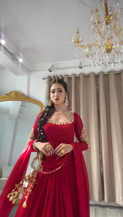 Royal Red Faux Georgette Moti & Sequence Embroidered Flared Gown Set