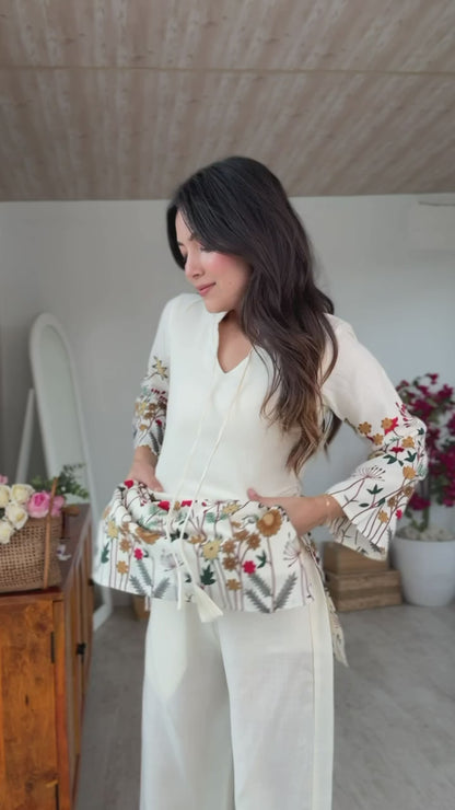 Designer Cream Floral Print Short Kurta & Straight Pants Co-Ord Set