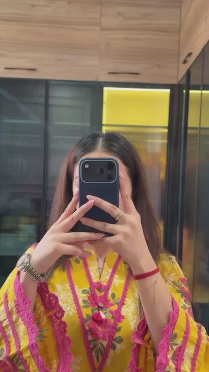 Premium Mustard Yellow Floral Printed Kurta Palazzo Set