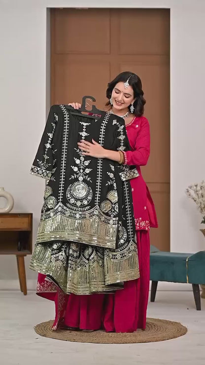Heavy Vichitra Silk Black & Gold Embroidered Kurti Sharara Set with Sequence Work
