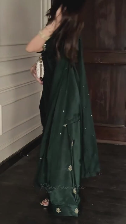 Women's Dark Green Hand-Embroidered Kurta Sharara 3-Piece Festive Set