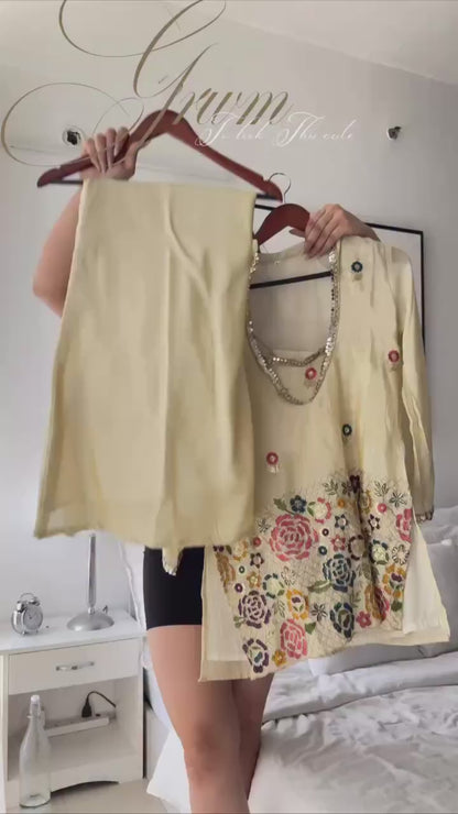 Cream Shimmer Chinon Kurti Pant Set with Kardana Beads Embroidery