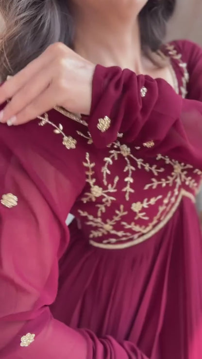 Royal Maroon Embroidered Georgette Anarkali Suit
