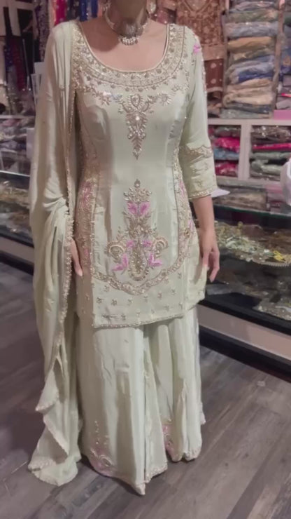 Cream Chinon Silk Thread & Sequins Embroidered Kurta Palazzo Set with Dupatta