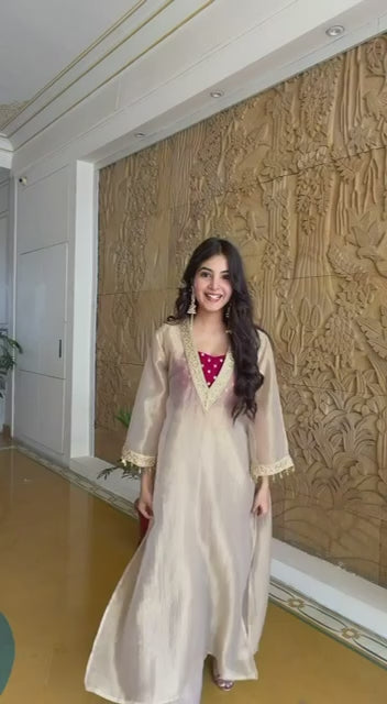 Designer Cream Golden Tissue Kurta Palazzo Set with Embroidered Blouse