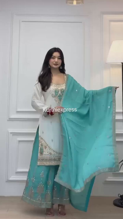 Pure Chinon Silk Embroidered Suit Set with Mirror Work Palazzo – Sky Blue & Maroon
