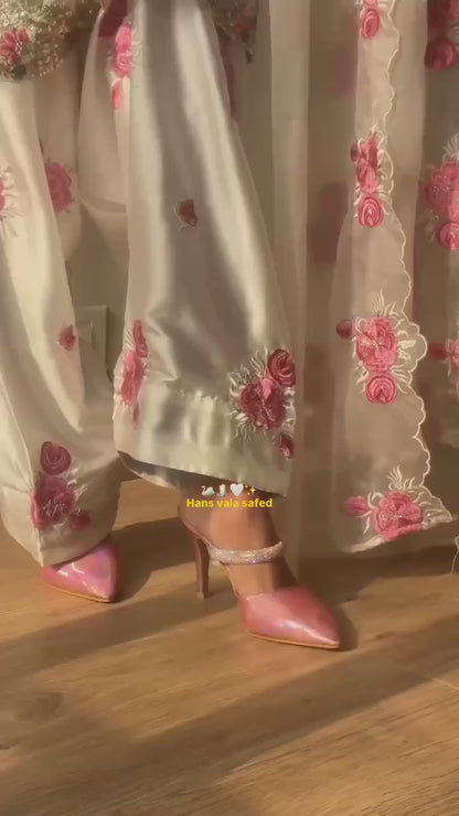 Heavy Japan Satin Floral Embroidered Kurti Set with Farshi Salwar & Tabby Organza Dupatta