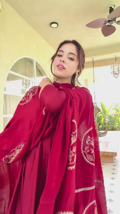 Heavy Roman Silk Flared Maroon Anarkali Gown Set with Fancy Lace & Chanderi Dupatta