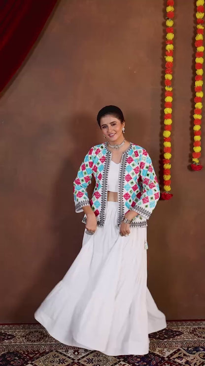 Solid White Flared Tiered Lehenga Choli Set with Multi-Color Embroidered Koti Jacket