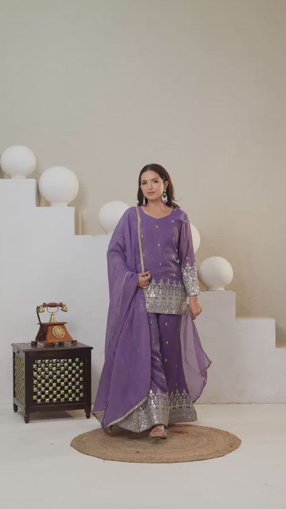 Lavender Purple Designer Crunchy Silk Kurti Palazzo Set with Lace Border Dupatta