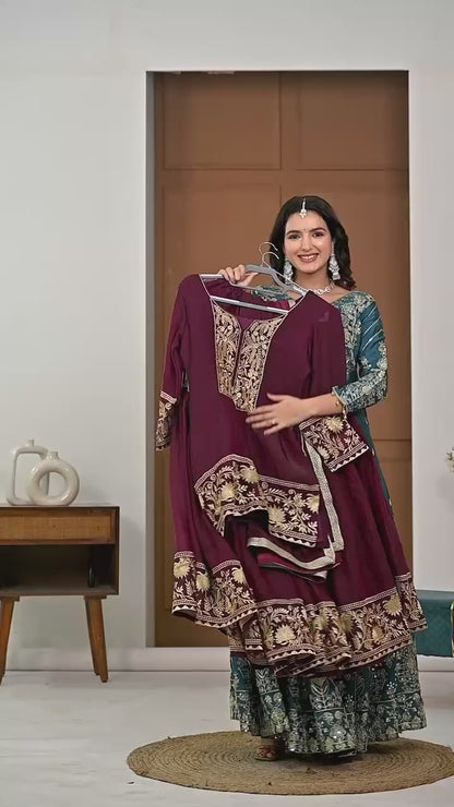 Wine Maroon Embroidered Sharara Suit Set with Gold Border