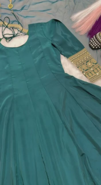 Deep Teal Green Anarkali Kurta with Heavy Gold Zari Border, Pants & Scalloped Dupatta | Festive Ethnic Wear