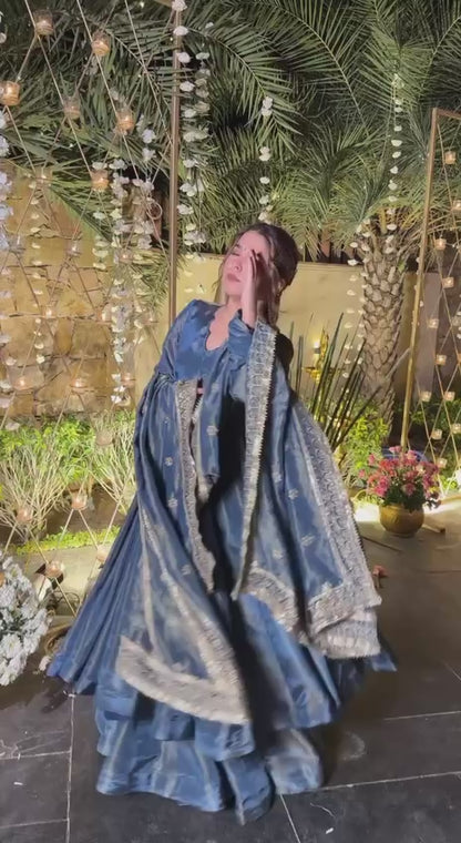 Teal Blue Metallic Tissue Silk Flared Anarkali Suit Set with Dupatta