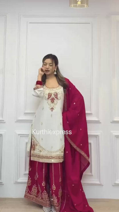 Pure Chinon Silk Embroidered Suit Set with Mirror Work Palazzo – Sky Blue & Maroon