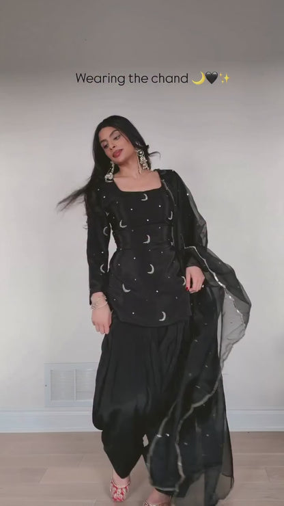 High Fashion Black Crepe Silk Party Wear Farshi Salwar Suit with Heavy Embroidery Work