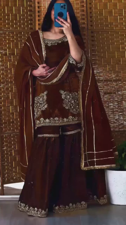 Natural Crepe Kurti with Sequence Embroidery & Sharara Palazzo