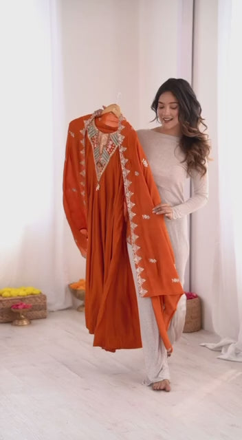 Rust Orange Roman Silk Anarkali Set with Embroidery Sequence Work