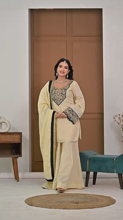 Heavy Roman Silk Kurti Sharara Set with Neck Embroidery, Diamond Accent & Dupatta