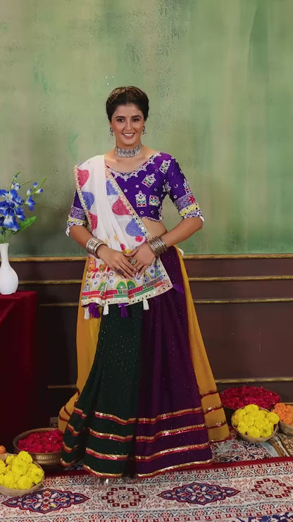 Multi-Color Panel Flared Chaniya Choli Set with Embroidered Purple Blouse & Off-White Dupatta