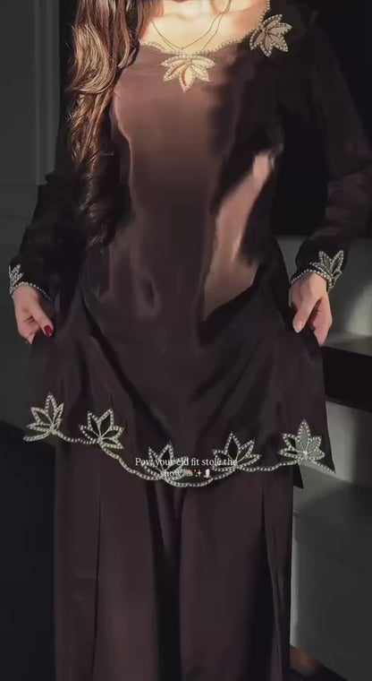 Elegant Embroidered Silk Kurta Set with Wide-Leg Palazzo Pants & Dupatta