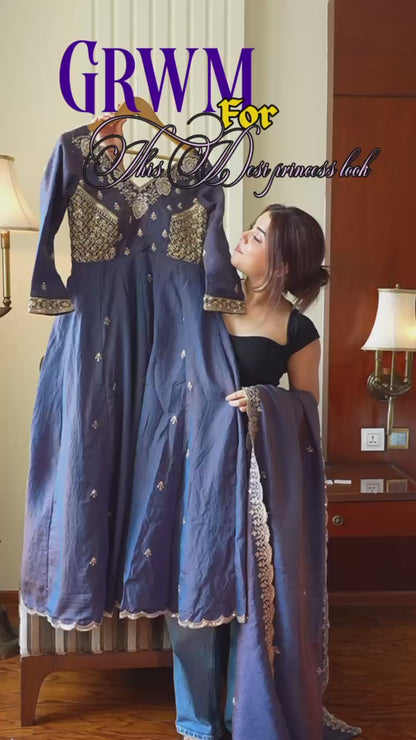Women's Ethnic Beads & Sequins Sequence Embroidered Vichitra Gown Suit (Set of 3)