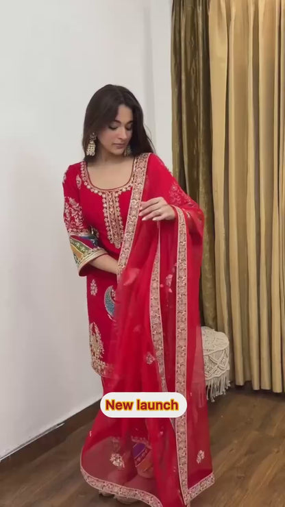 Heavy Natural Crepe Silk Kurta Pant Set with Net Embroidered Dupatta