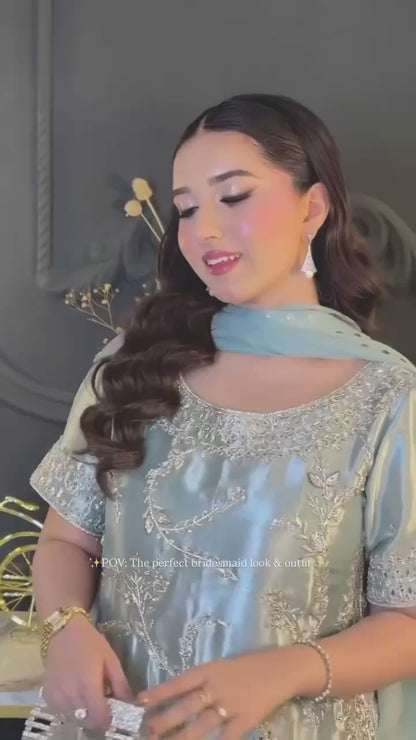 Elegant Ice Blue Embroidered Silk Suit Set for Weddings & Festive Wear