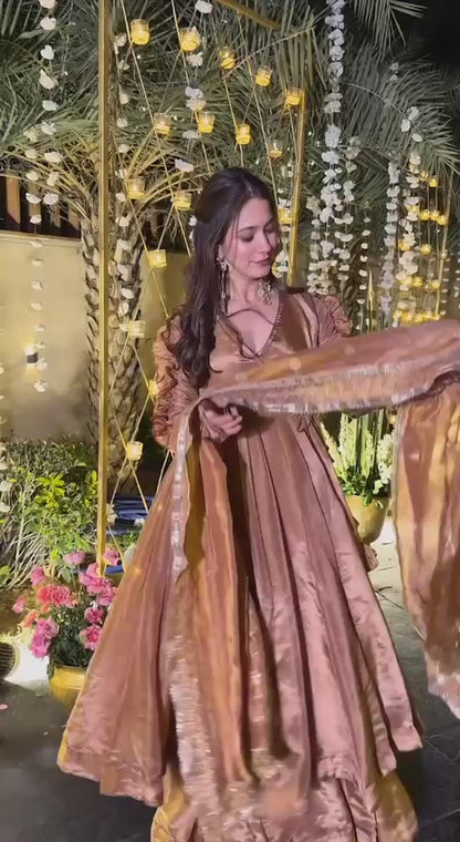 Bronze Metallic Tissue Silk Angrakha Anarkali Set with Dupatta