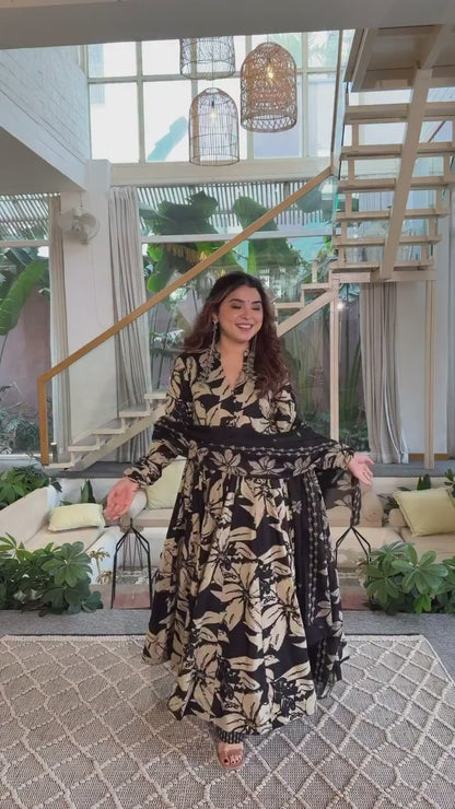 Women's Floral Print Short Anarkali & Coordinating Flared Pants Set