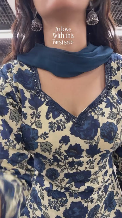 Women's Navy Blue & Cream Floral Printed Cotton Kurti Salwar Suit Set with Dupatta