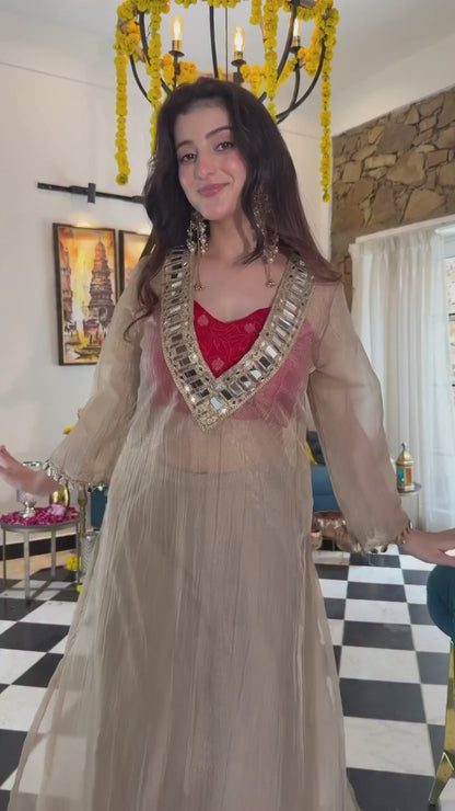 Delightful Cream Colour Salsa Embroidery Mirror Work Suit